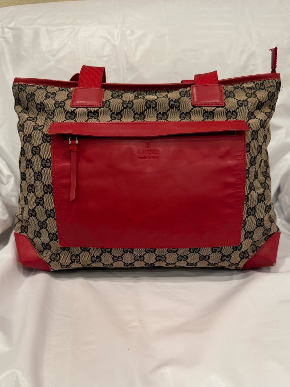Gucci Beige GG Canvas Tote with Red Leather Accents